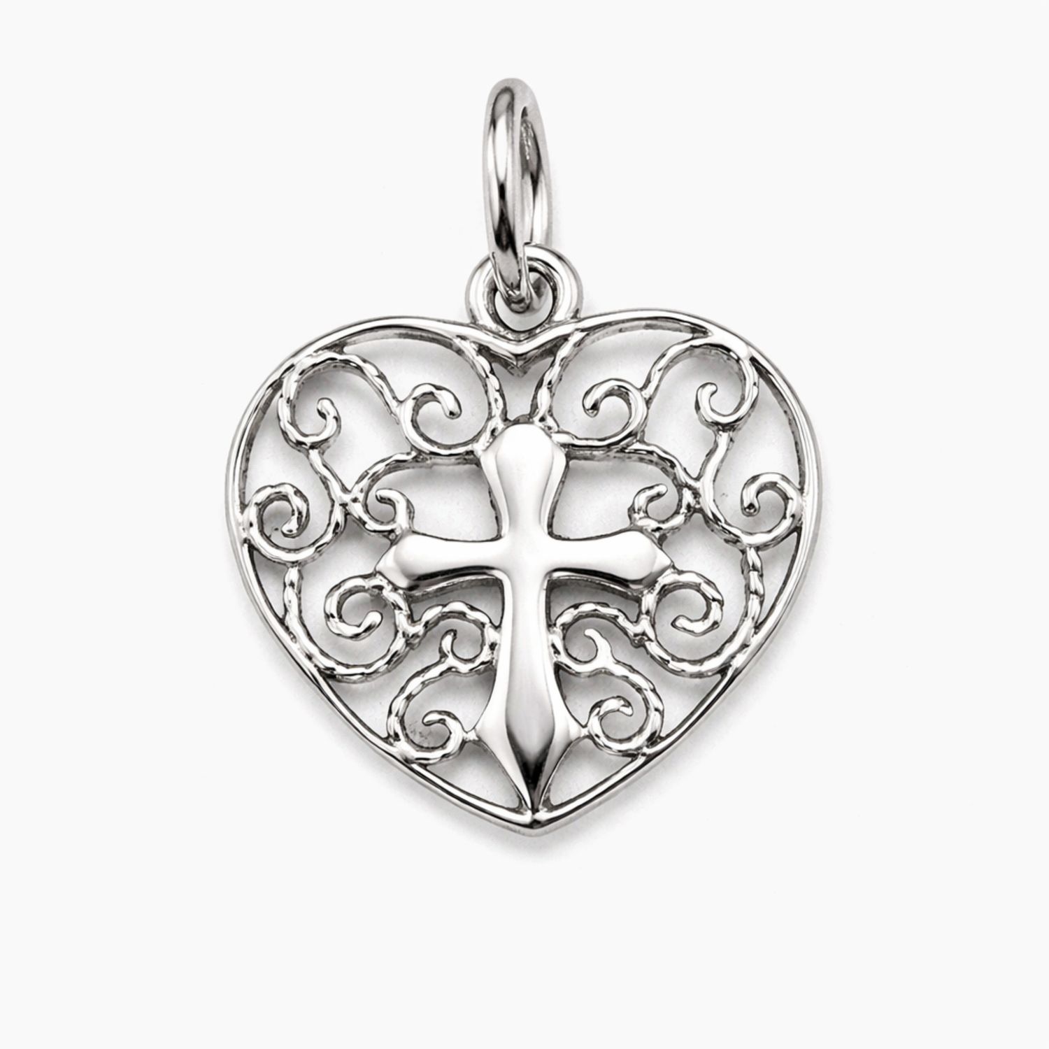 DIJE CORAZON CON CRUZ,  1.5 CM, PLATA .925
