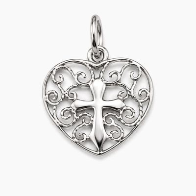 DIJE CORAZON CON CRUZ,  1.5 CM, PLATA .925