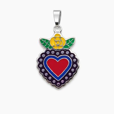 DIJE CORAZON ESMALTADO CON FLOR, 2.3 CM, PLATA .925