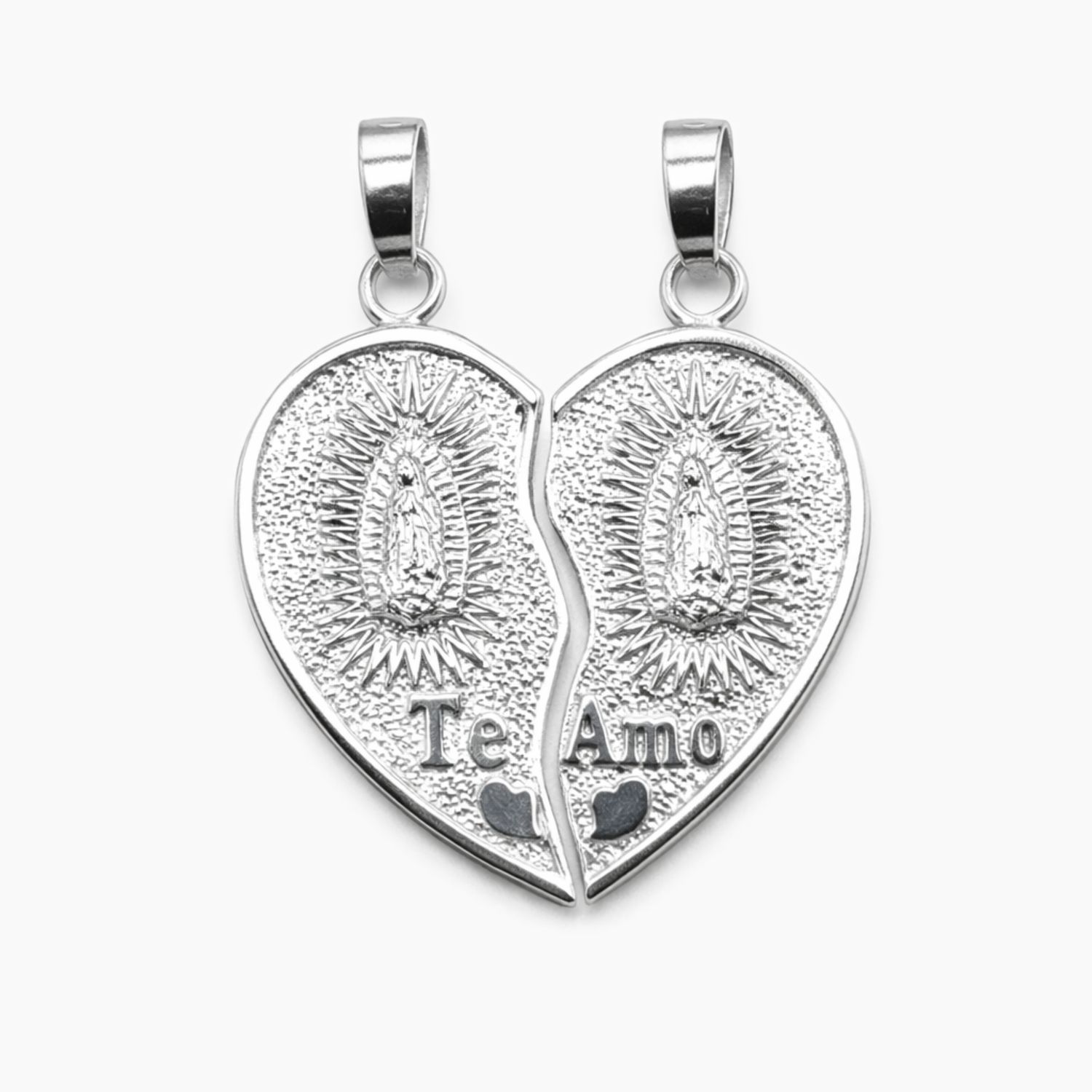 DIJE CORAZON PARTIDO, TE AMO VIRGEN DE GPE, 2 CM, PLATA .925