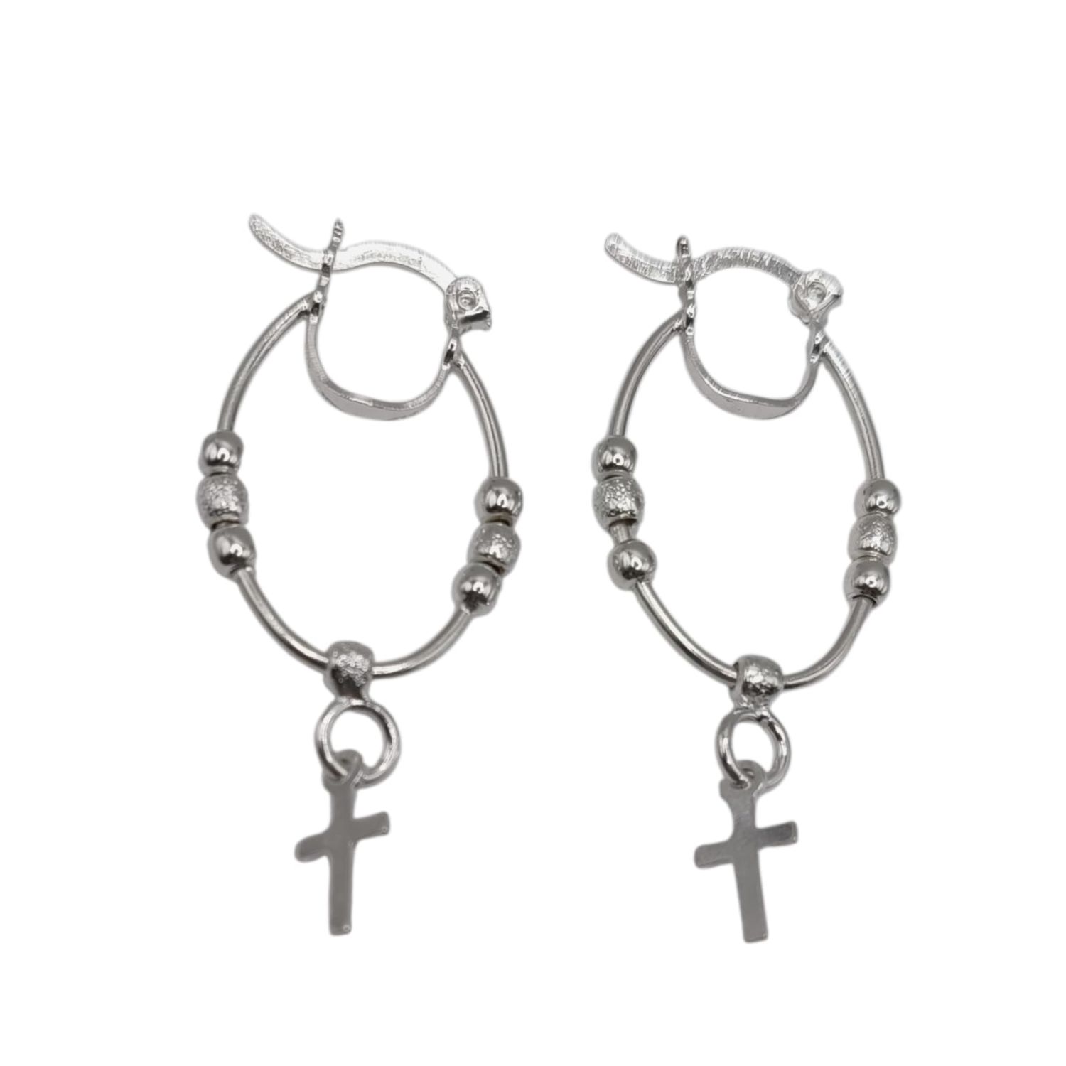 ARETE OVALADO CON CRUZ COLGANTE,  4.5 CM, LARGO TOTAL, PLATA .925