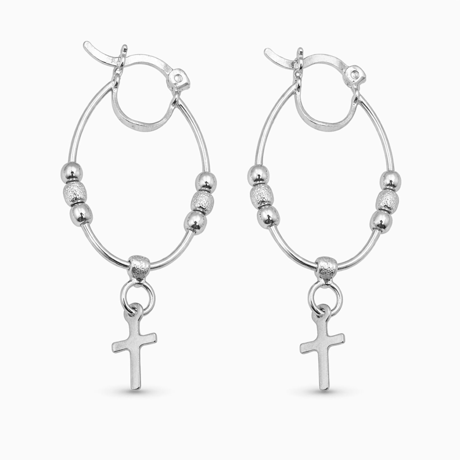 ARETE OVALADO CON CRUZ COLGANTE,  4.5 CM, LARGO TOTAL, PLATA .925