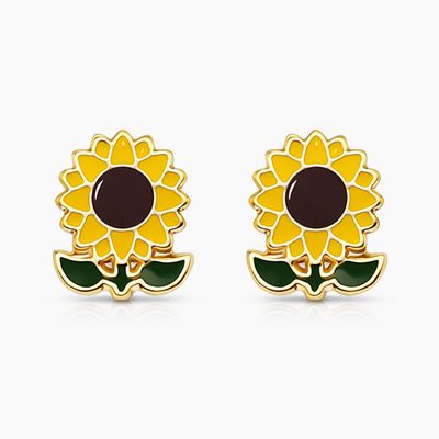 BROQUEL GIRASOL ESMALTADO, BROCHE BOLITA, ORO 14K