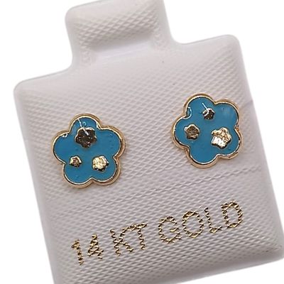 BROQUEL FLOR AZUL ESMALTADA, BROCHE BOLITA, ORO 14K
