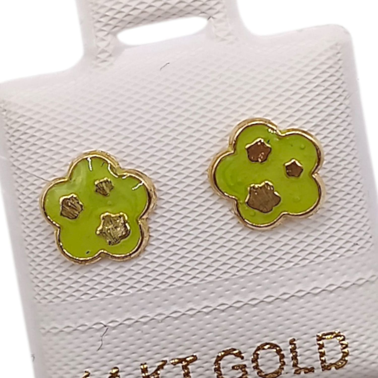 BROQUEL FLOR VERDE ESMALTADA, BROCHE BOLITA, ORO 14K