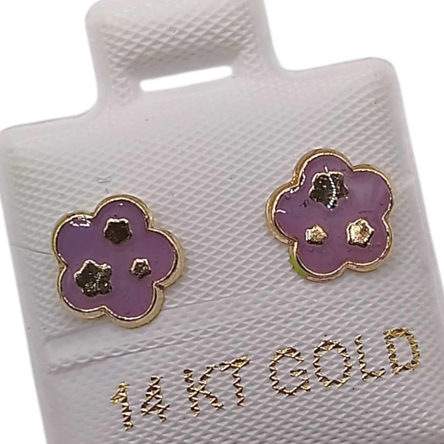 BROQUEL FLOR LILA ESMALTADA, BBROCHE BOLITA , ORO 14K