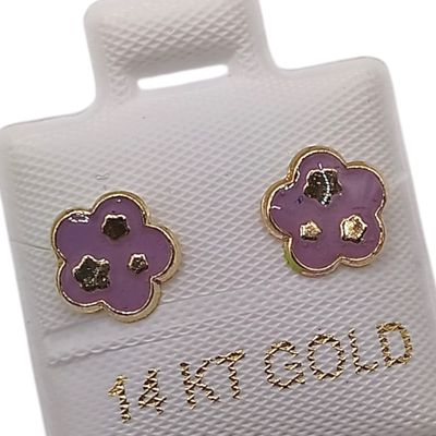 BROQUEL FLOR LILA ESMALTADA, BBROCHE BOLITA , ORO 14K