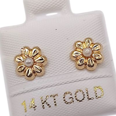 BROQUEL FLOR CON PERLITA, BROCHE BOLITA, ORO 14K