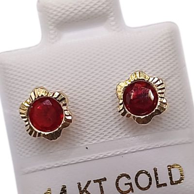 BROQUEL FLOR CZ ROJA, BROCHE BOLITA, ORO 14K