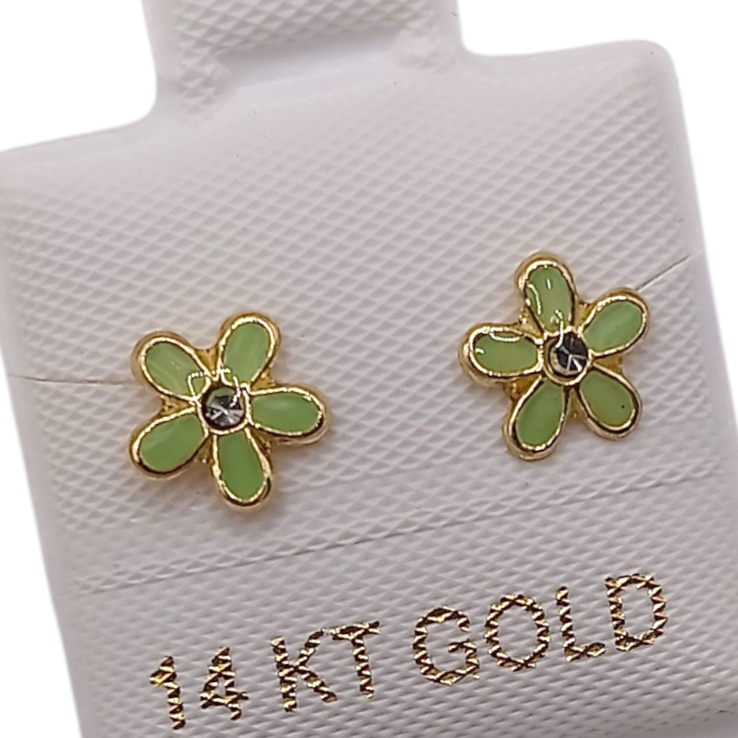 BROQUEL MARGARITA VERDE ESMALTADA, BROCHE BOLITA, ORO 14K