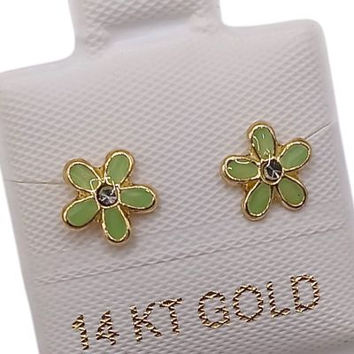 BROQUEL MARGARITA VERDE ESMALTADA, BROCHE BOLITA, ORO 14K