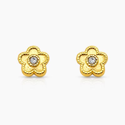 BROQUEL FLOR CON MINI CZ, BROCHE BOLITA, ORO 14K