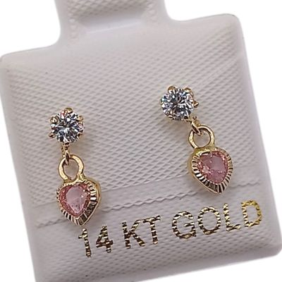 BROQUEL CORAZON COLGANTE CZ ROSA, BROCHE BOLITA, ORO 14K