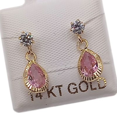BROQUEL GOTA COLGANTE CZ ROSA, BROCHE BOLITA, ORO 14K