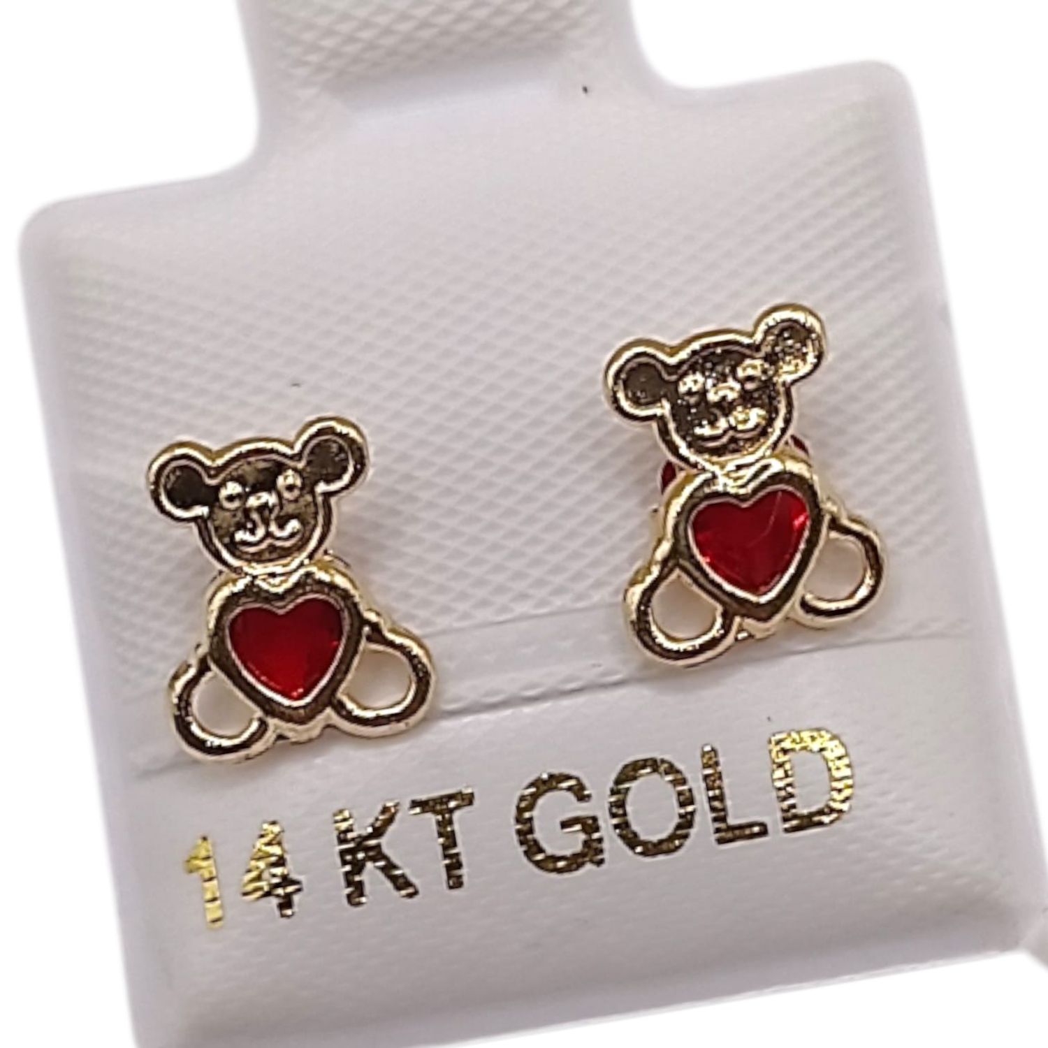 BROQUEL OSITO CORAZON  CON CZ ROJA, BROCHE BOLITA, ORO 14K