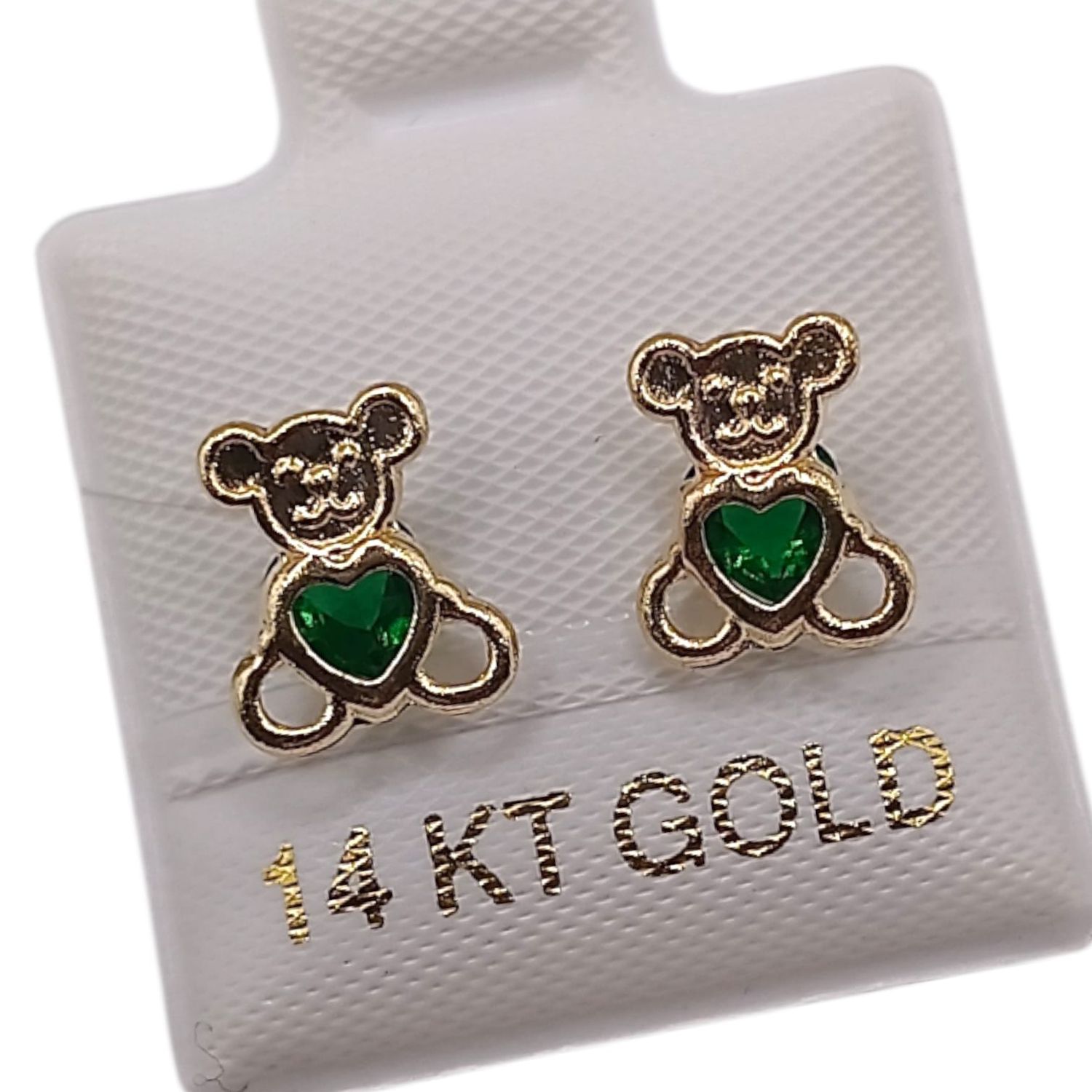 BROQUEL OSITO CORAZON CZ VERDE, BROCHE BOLITA, ORO 14K