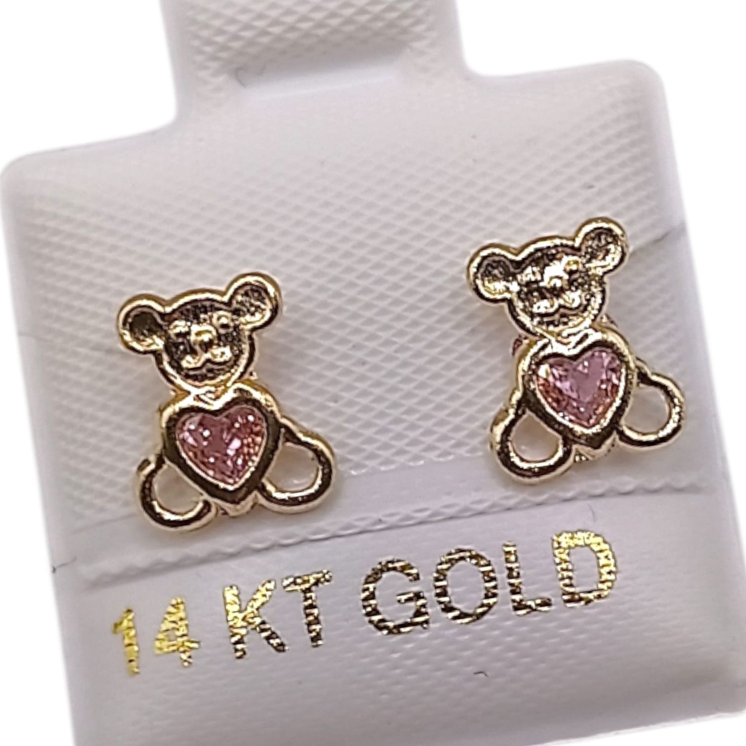 BROQUEL OSITO CORAZON CZ ROSA, BROCHE BOLITA, ORO 14K