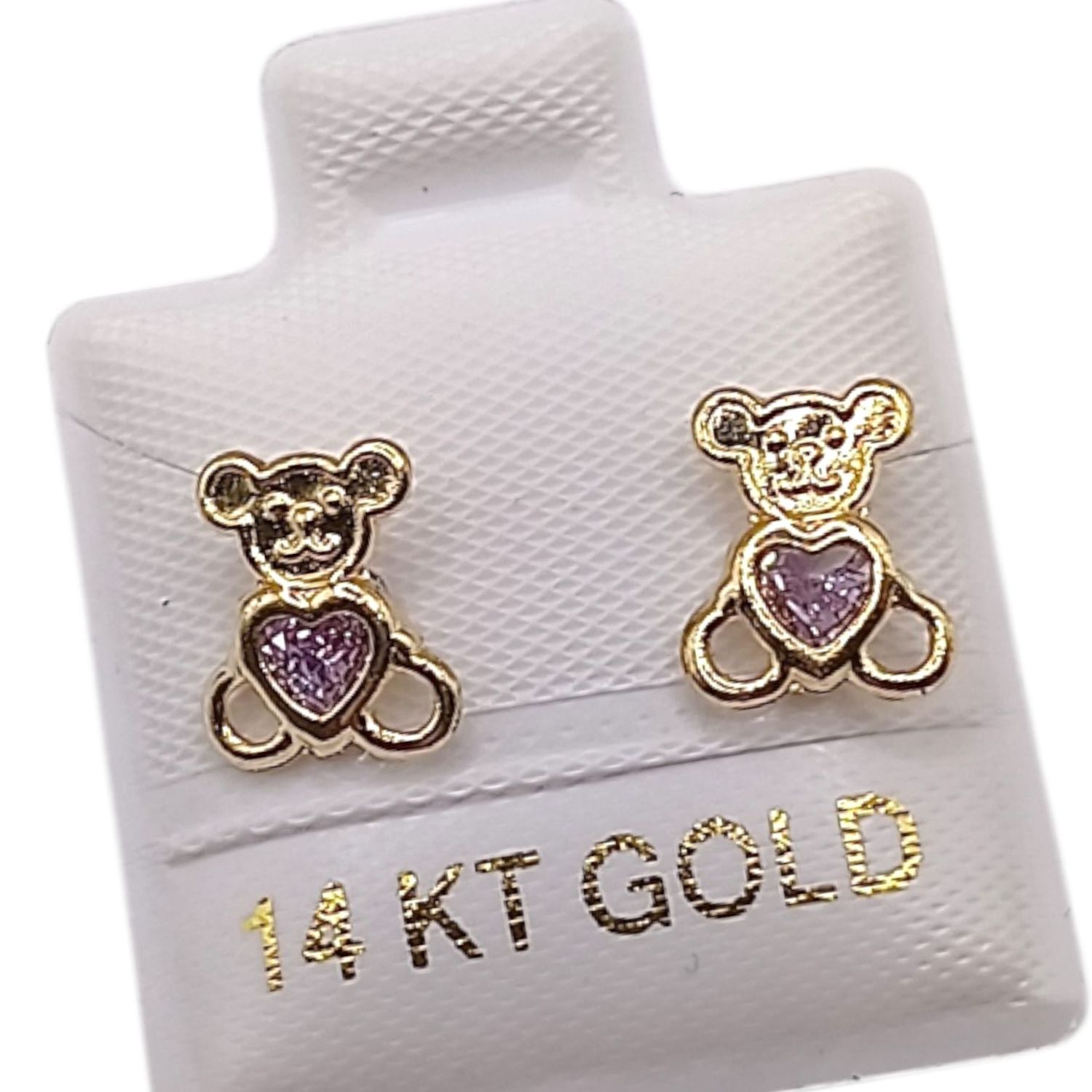 BROQUEL OSITO CORAZON CZ LILA, BROCHE BOLITA, ORO 14K