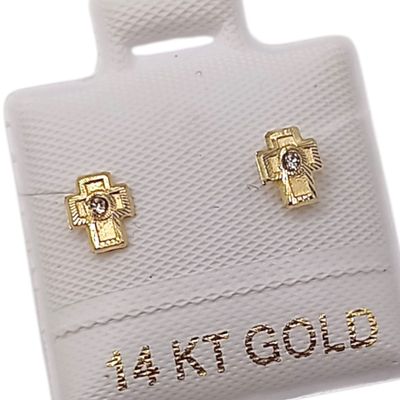 BROQUEL CRUZ CON CZ, BROCHE BOLITA, ORO 14K