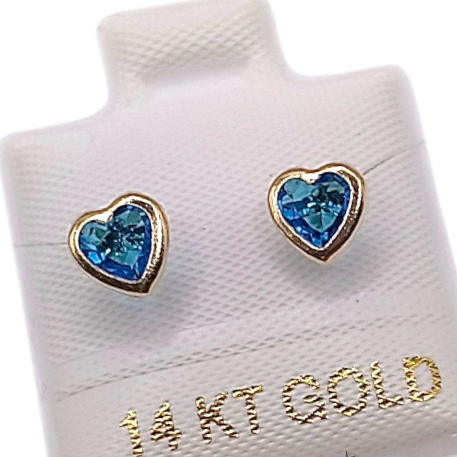 BROQUEL CORAZON BISELADO CZ AZUL, BROCHE BOLITA, ORO 14K