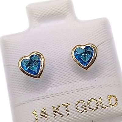 BROQUEL CORAZON BISELADO CZ AZUL, BROCHE BOLITA, ORO 14K
