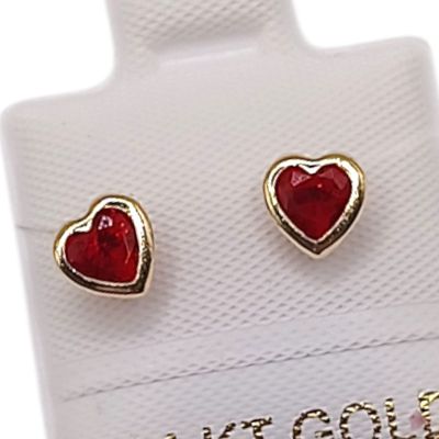 BROQUEL CORAZON BISELADO CZ ROJA, BROCHE BOLITA, ORO 14K