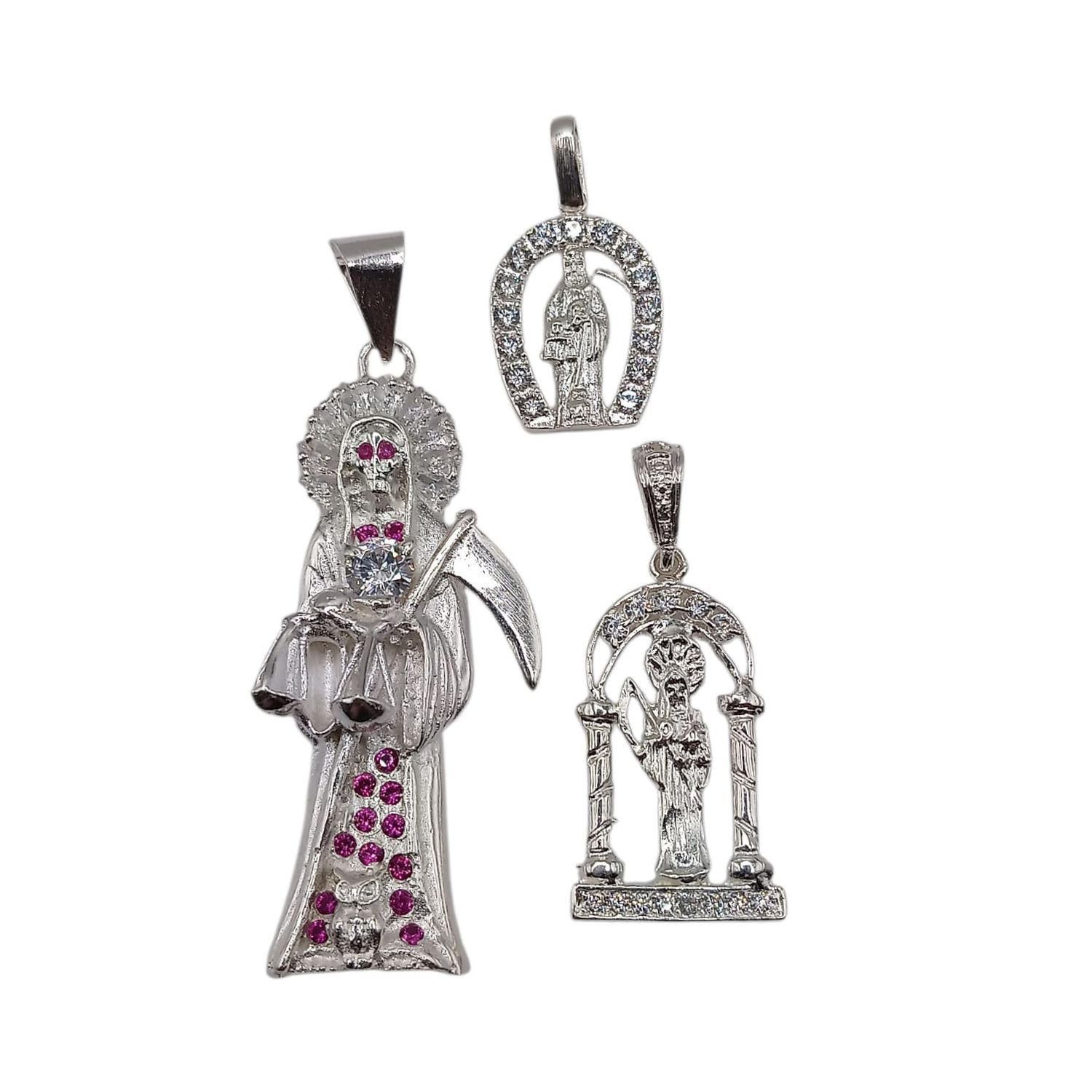 PAQUETE DE 3 DIJES DE LA SANTA MUERTE, PLATA .925