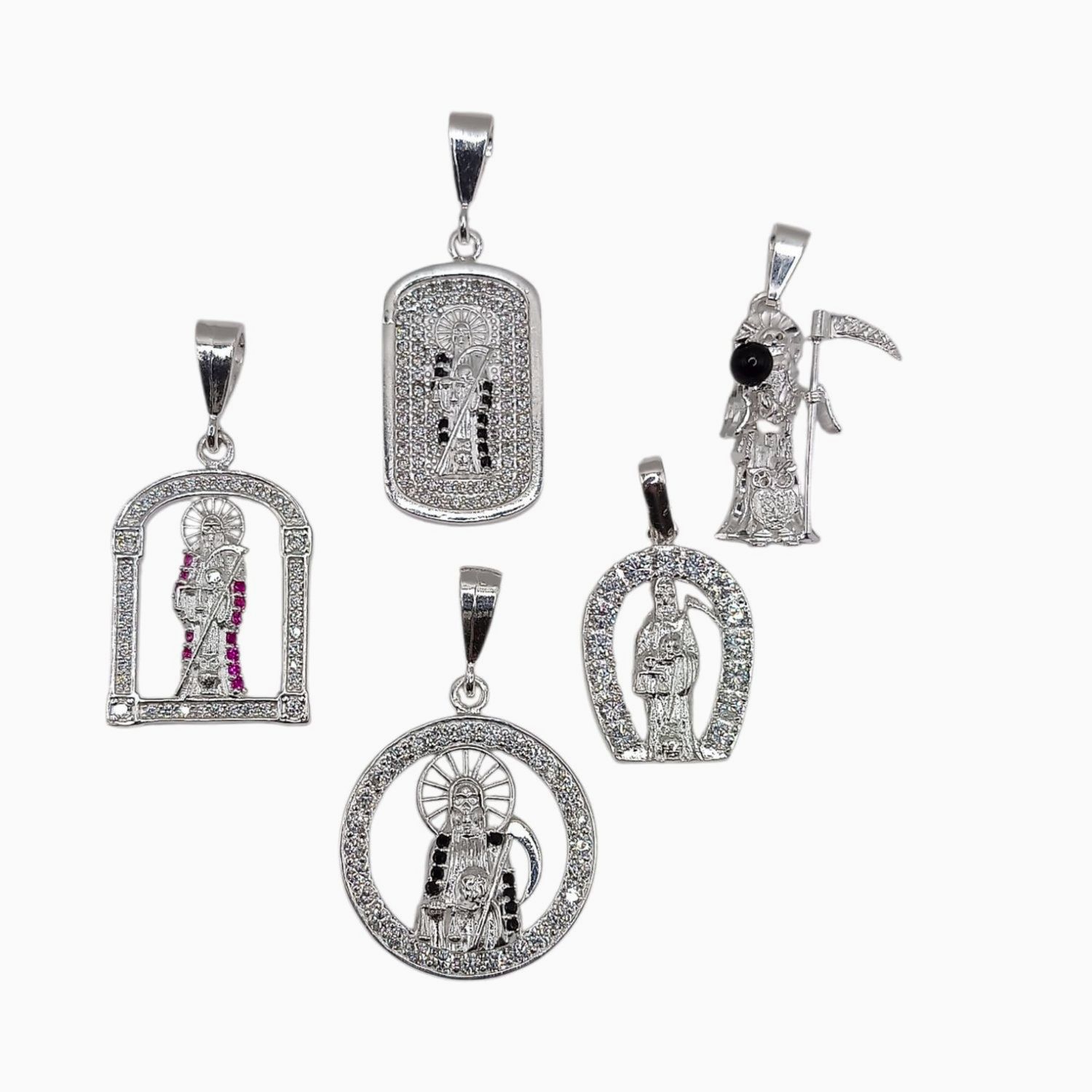 PAQUETE DIJES VARIOS DE SANTA MUERTE CON CZ, PLATA .925