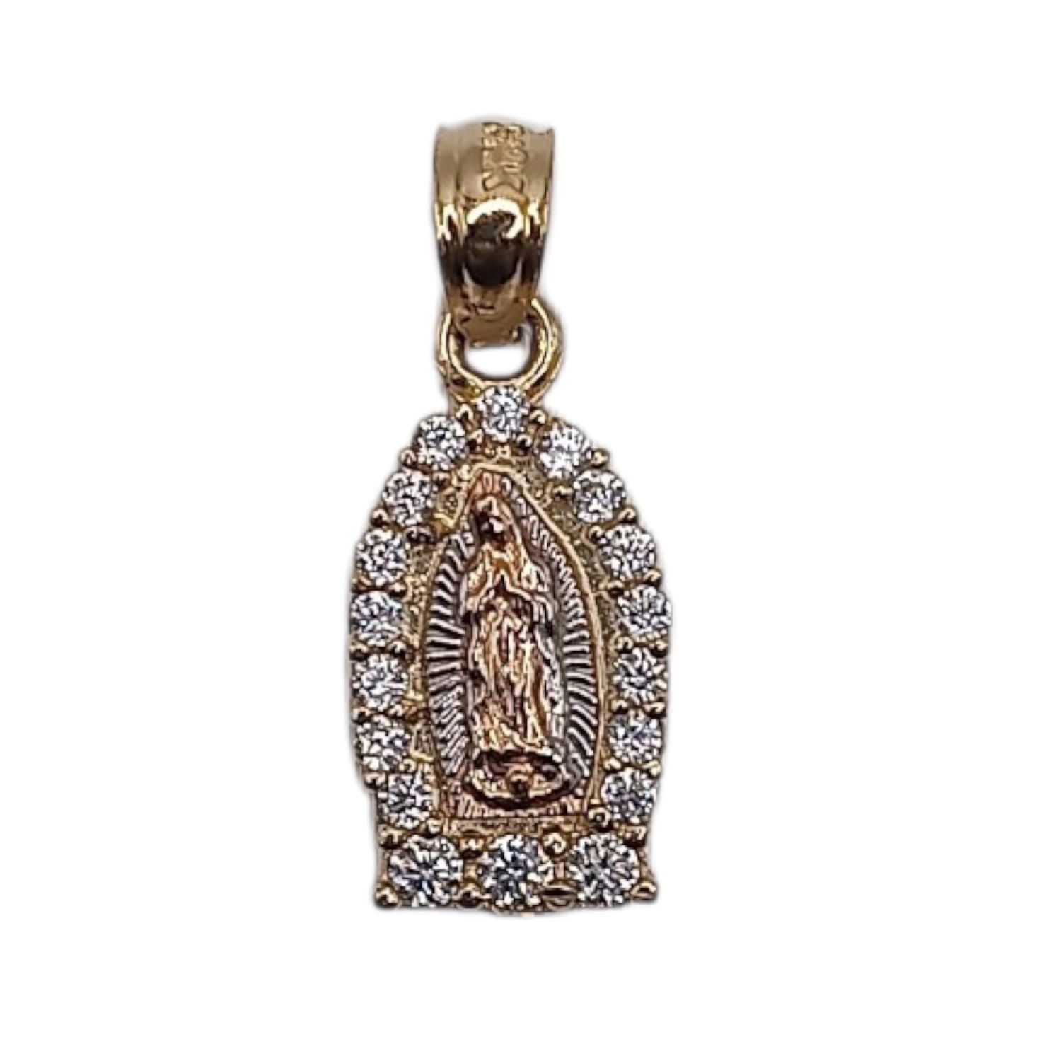 MEDALLA VIRGEN DE GPE 3 COLORES,  1.8 CM LARGO TOTAL, ORO 14K