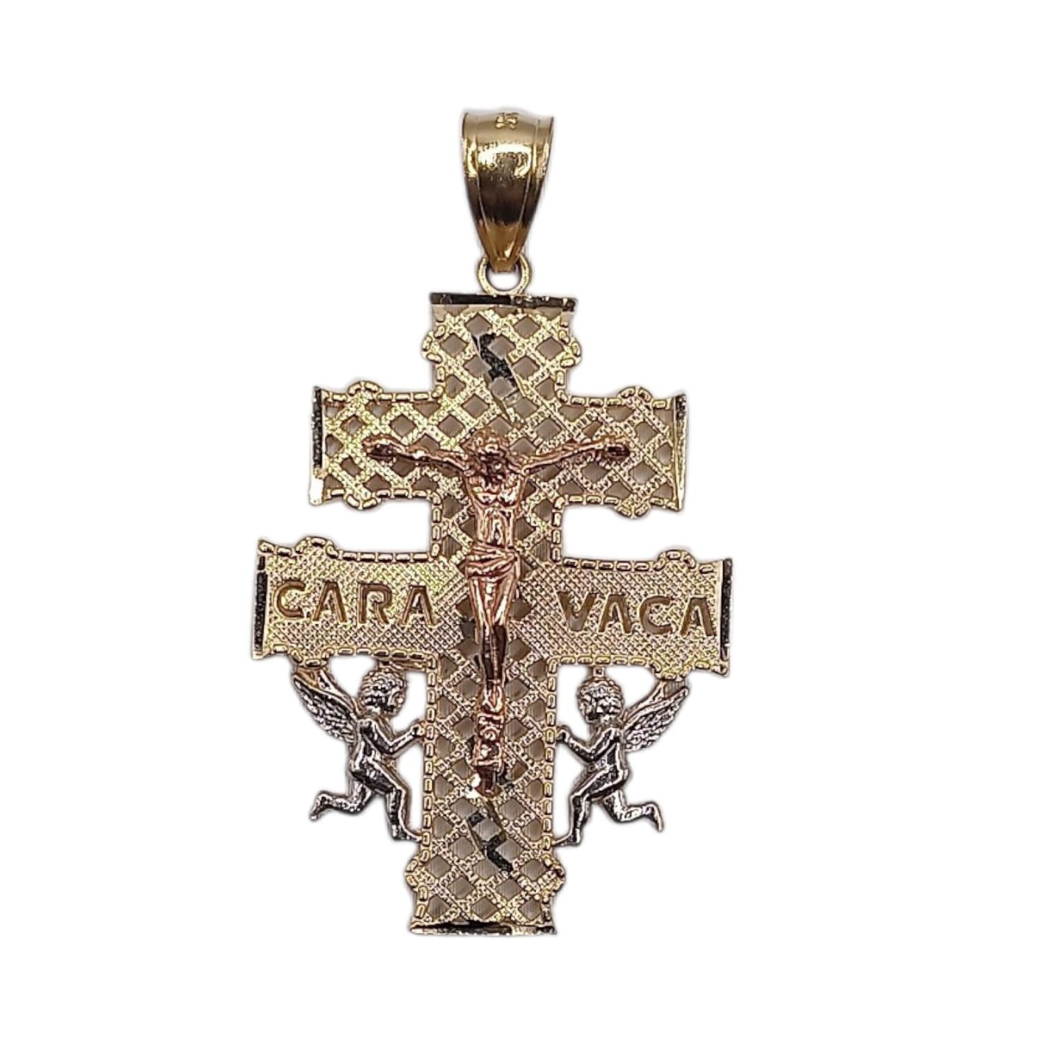 DIJE CRUZ DE CARAVACA 3 COLORES  4 CM, LARGO TOTAL, ORO 14K