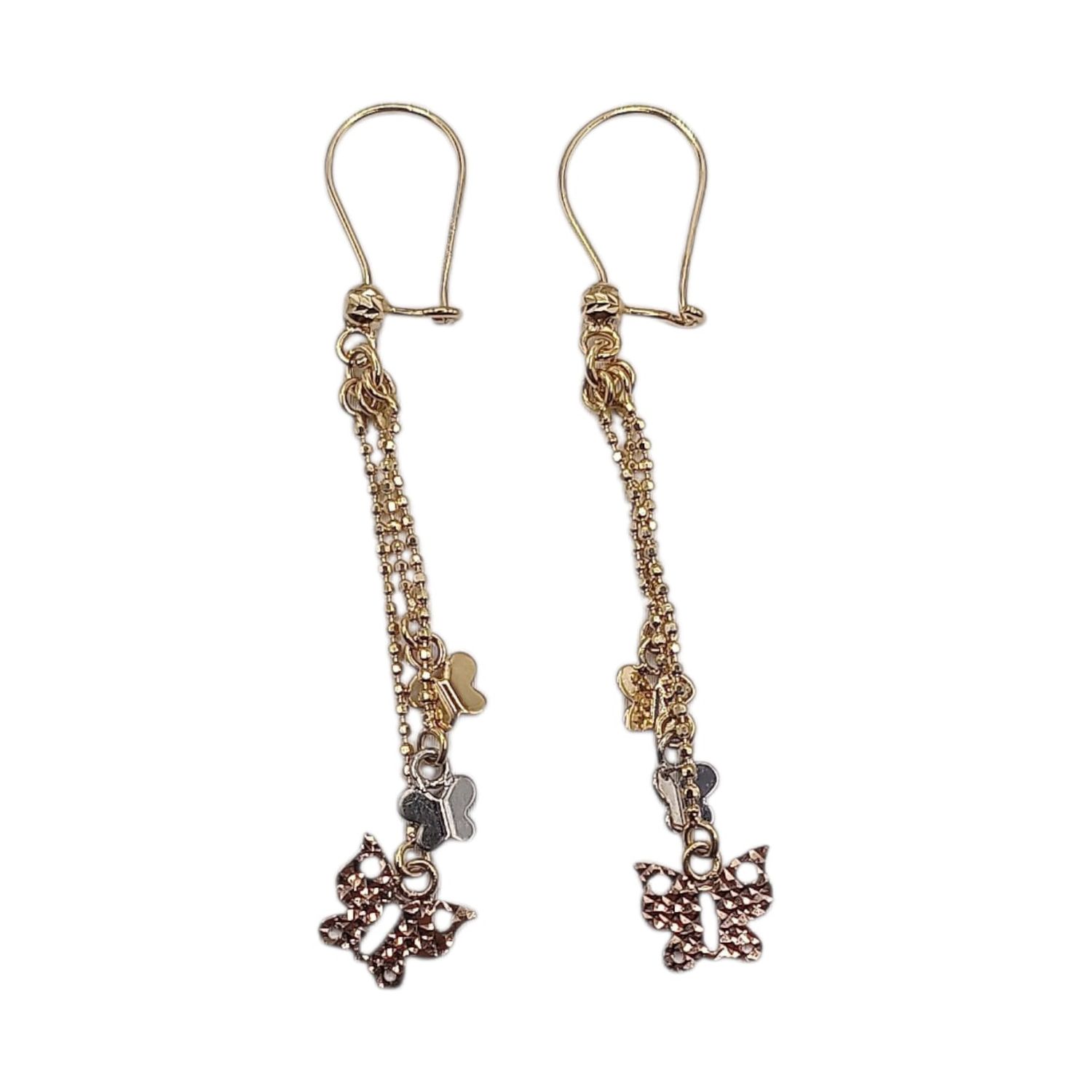 ARETE LARGO MARIPOSA DE 3 COLORS, 5.5 CM, ORO 14K
