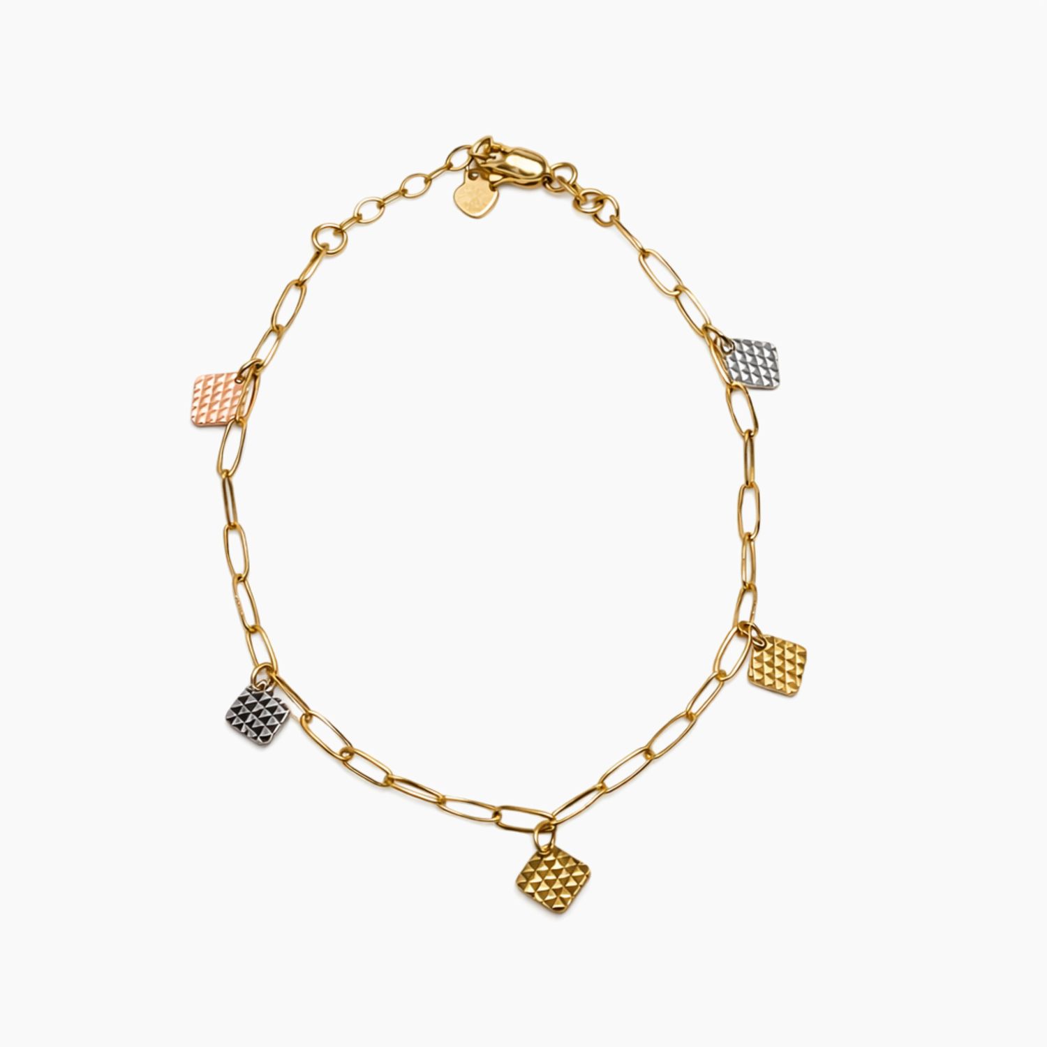 PULSERA CON ROMBOS COLGANTES DE 3 COLORES, 7.5" AJUSTABLE, ORO 14K