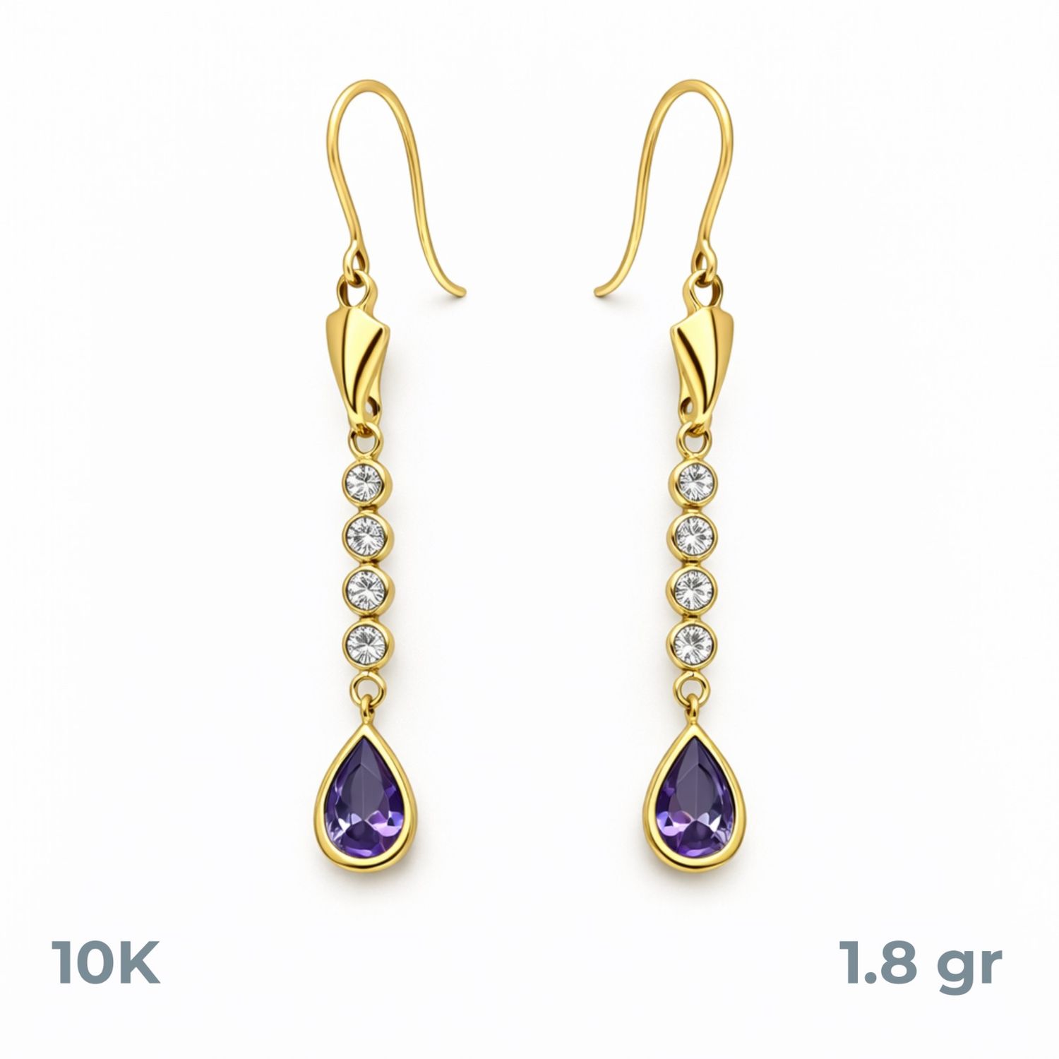 ARETE LARGO CZ MORADA Y BCA, 4 CM LARGO, ORO 10K