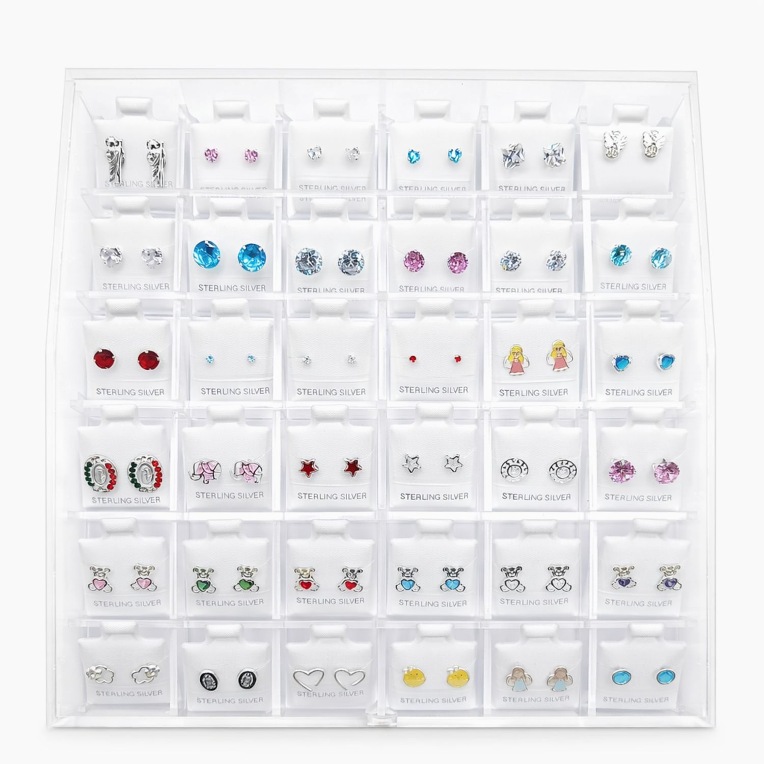 CHAROLA DE ACRILICO CON 36 BROQUELES DE PLATA , BROCHE DE BOLITA, PLATA .925