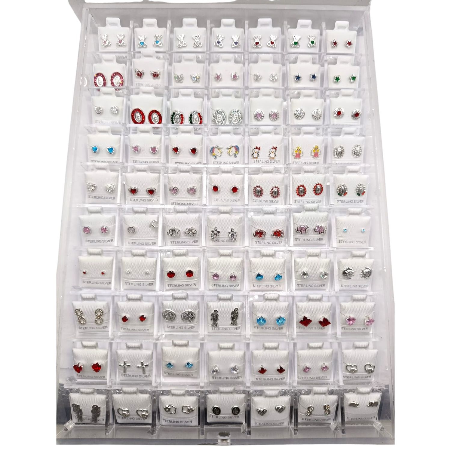 CHAROLA DE ACRILICO CON 70 PARES DE BROQUELES SURTIDOA, PLATA .925