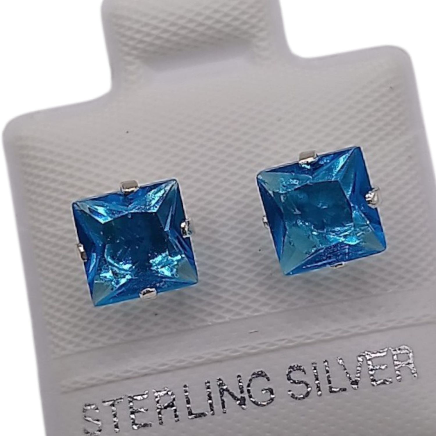 BROQUEL CUADRO 5MM, CZ AZUL, BROCHE BOLITA, PLATA .925