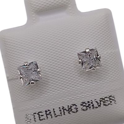 BROQUEL CUADRO 4 MM, CZ BLANCA, BROCHE BOLITA, PLATA .925