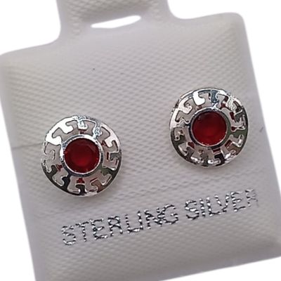 BROQUEL CIRCULO 3 D, CZ ROJA, BROCHE BOLITA, PLATA .925