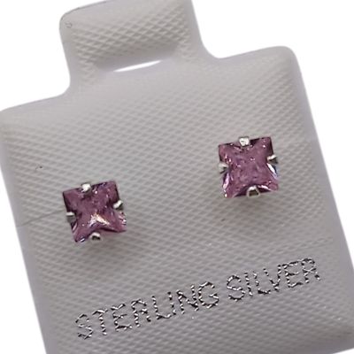 BROQUEL CUADRO 4MM, CZ ROSA, BROCHE BOLITA, PLATA .925