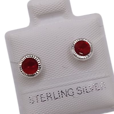 BROQUEL BISELADO CZ ROJA, BROCHE BOLITA, PLATA .925