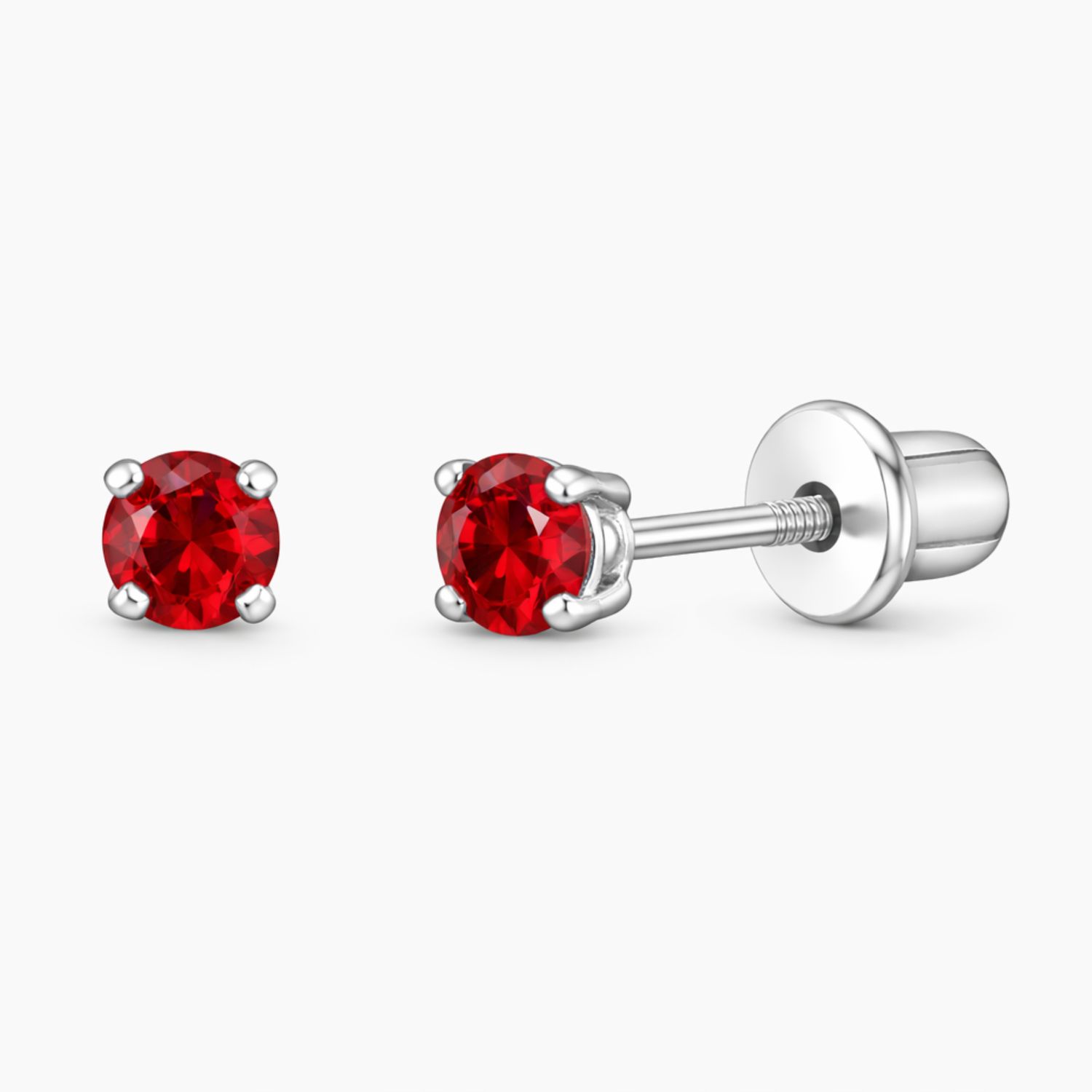 BROQUEL RECTO 4 MM, CZ ROJA, BROCHE BOLITA, PLATA .925