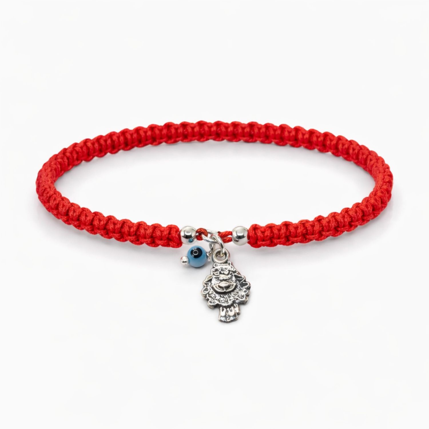 PULSERA DE HILO ROJO  AJUSTABLE, BORREGUITO DE LA ABUNDANCIA Y OJITO, PLATA .925