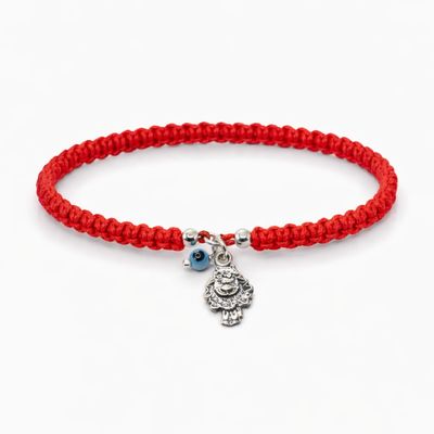 PULSERA DE HILO ROJO  AJUSTABLE, BORREGUITO DE LA ABUNDANCIA Y OJITO, PLATA .925
