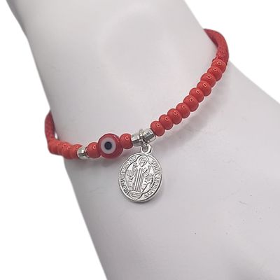 PULSERA DE HILO CON CUENTAS,  AJUSTABLE CON SAN BENITO, PLATA .925