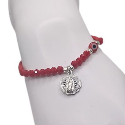 PULSERA DE HILO AJUSTABLE CON CUENTAS, VIRGEN DE GPE Y OJITO, PLATA .925
