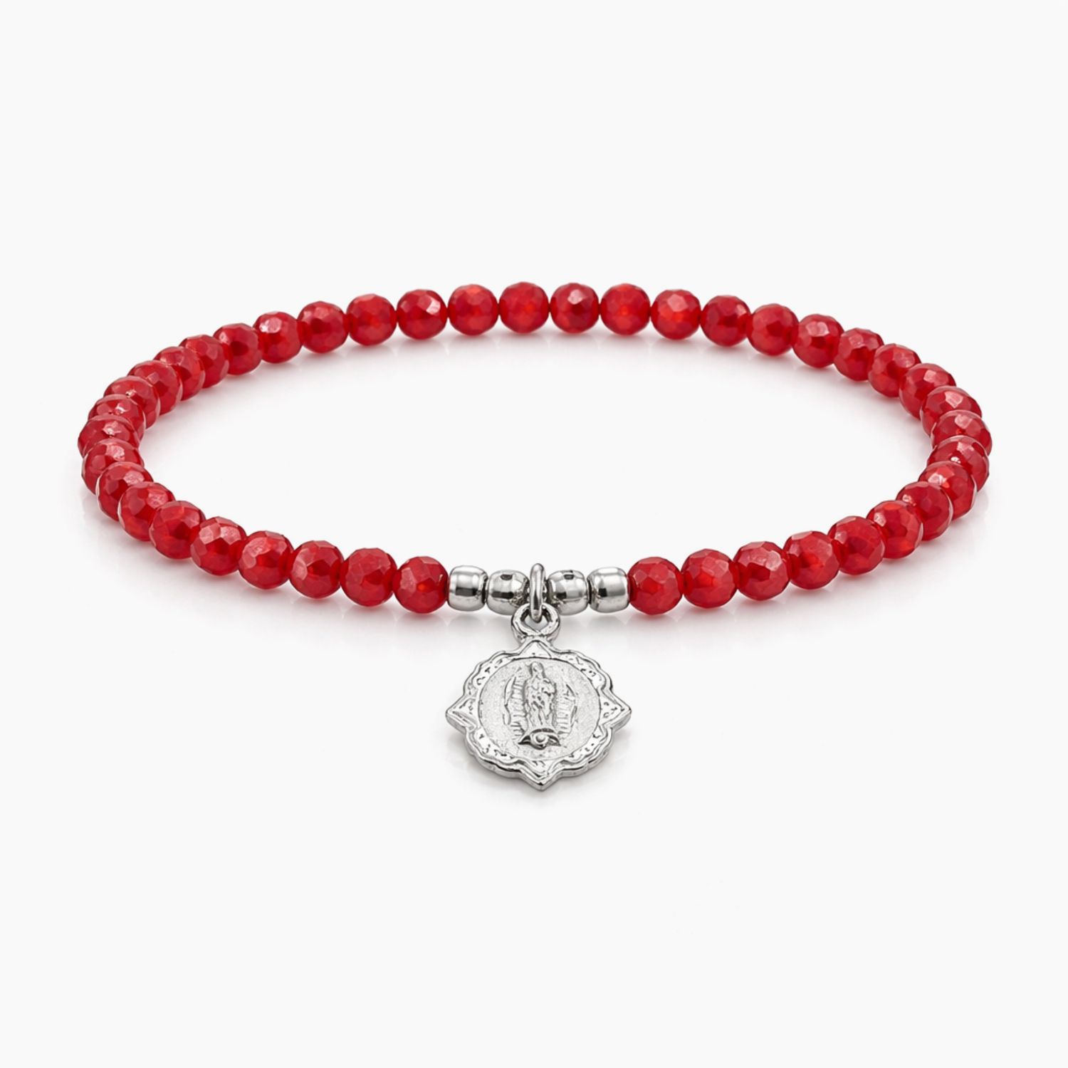 PULSERA DE HILO AJUSTABLE CON CUENTAS , VIRGEN DE GPE, PLATA .925