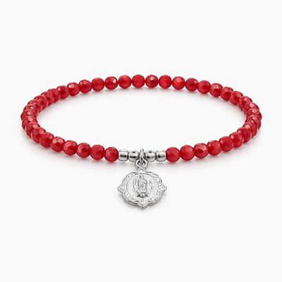 PULSERA DE HILO AJUSTABLE CON CUENTAS , VIRGEN DE GPE, PLATA .925