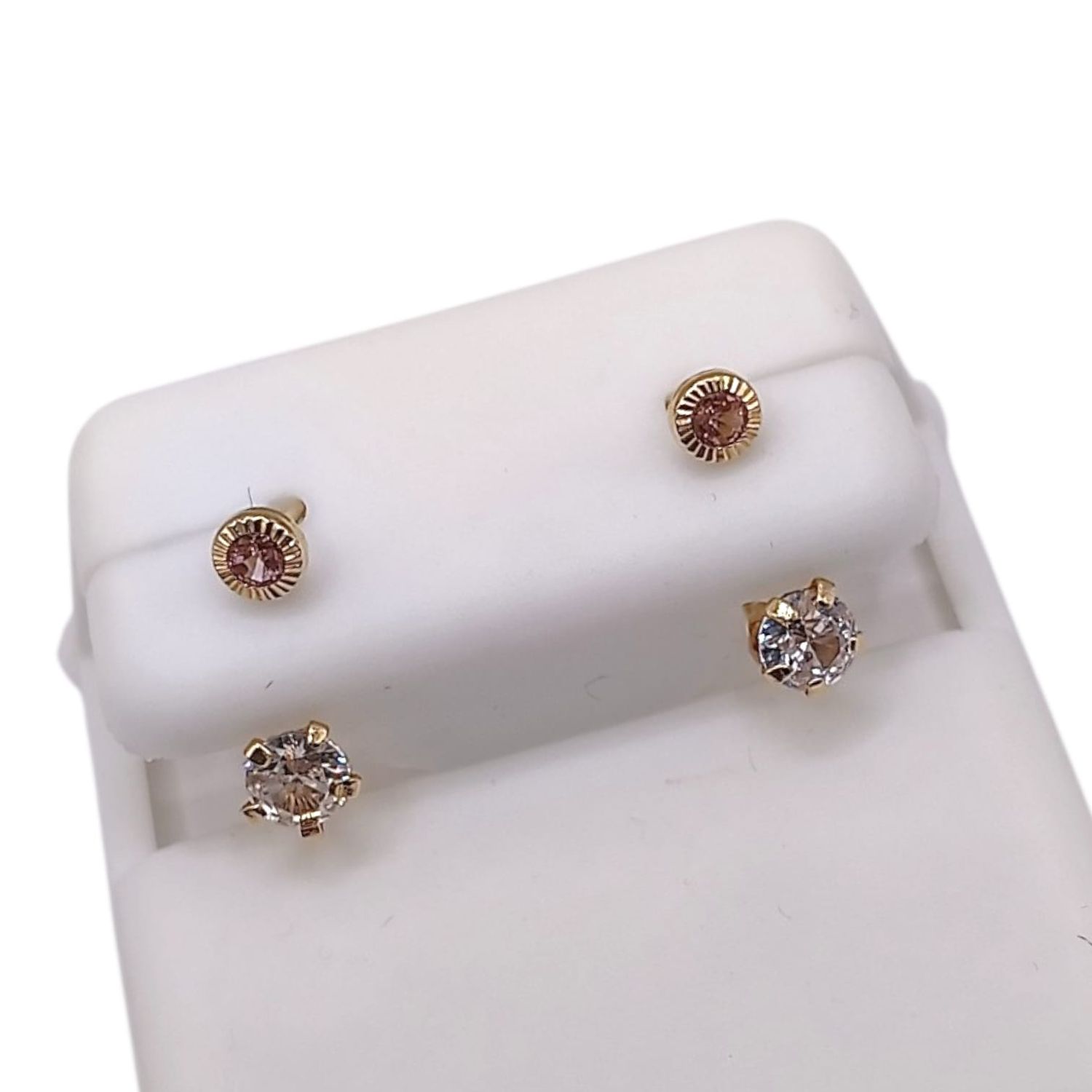 BROQUEL CURVO CZ ROSA Y BCA, ORO 14K