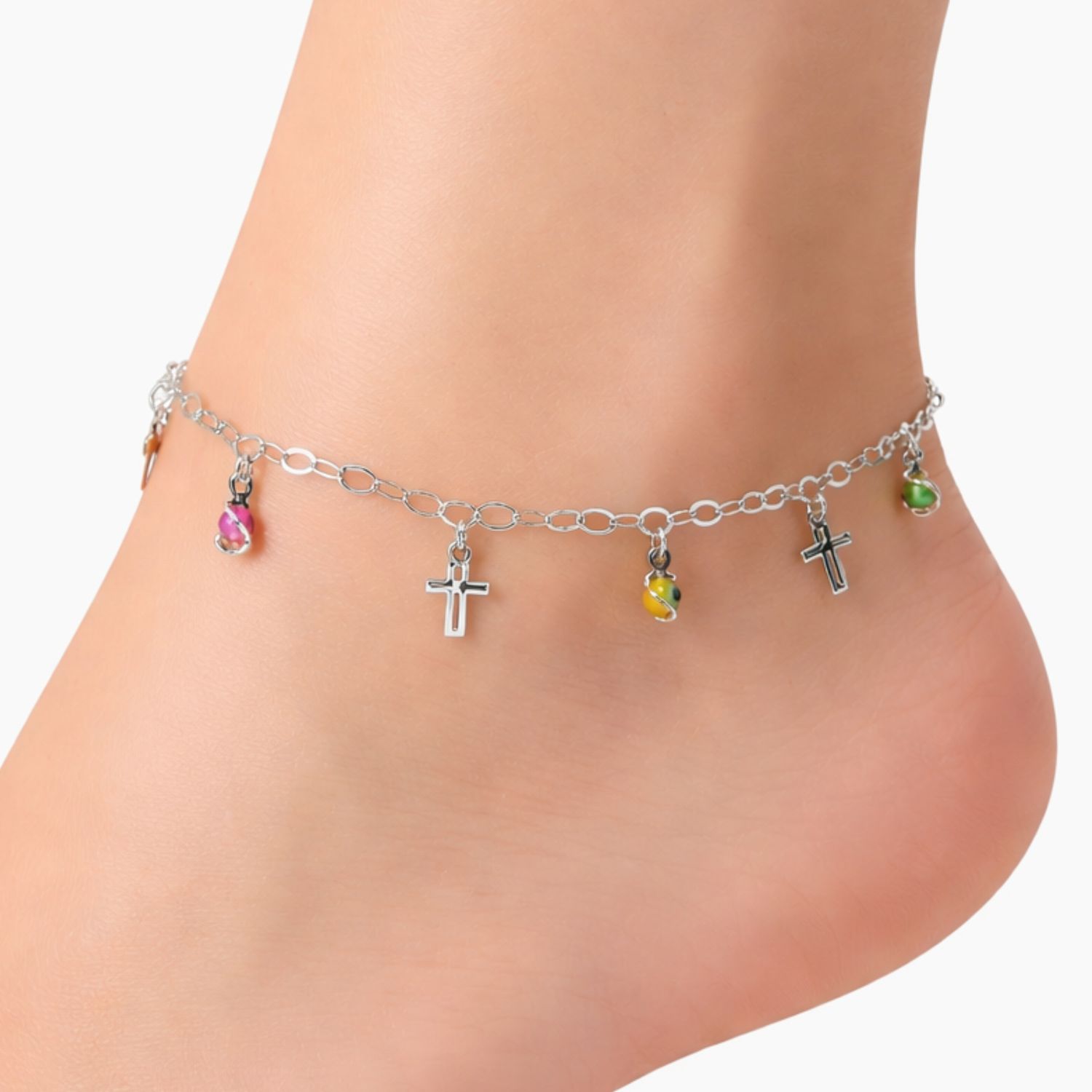 TOBILLERA 10" OJITOS DE COLORES Y CRUCES, PLATA .925