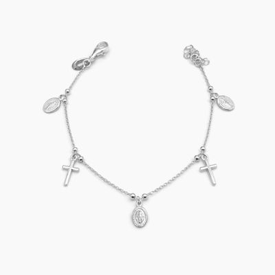 PULSERA CON DIJES DE VIRGEN MILAGROSA Y CRUZ, 7.5" PLATA .925